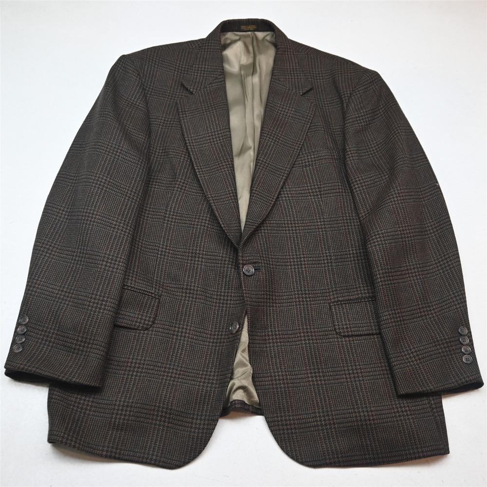 Vtg Oscar de la Renta 44R Brown Glenn Check 100% Wool Tweed Mens Blazer